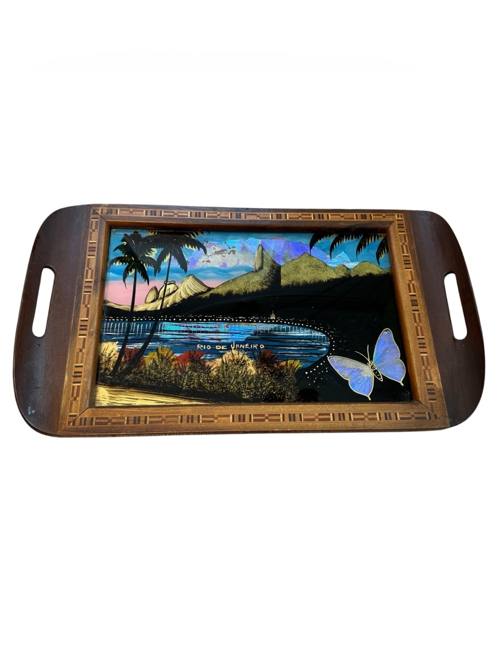 Vintage Brazilian Rio de Janeiro Butterfly Tray Wood Inlay Marquetry MCM